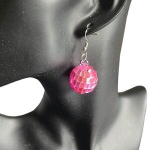 BARBIE Hot Pink Disco Ball Drop Pierced  Earrings